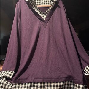 Purple V-Neck Top with Checkered Collar